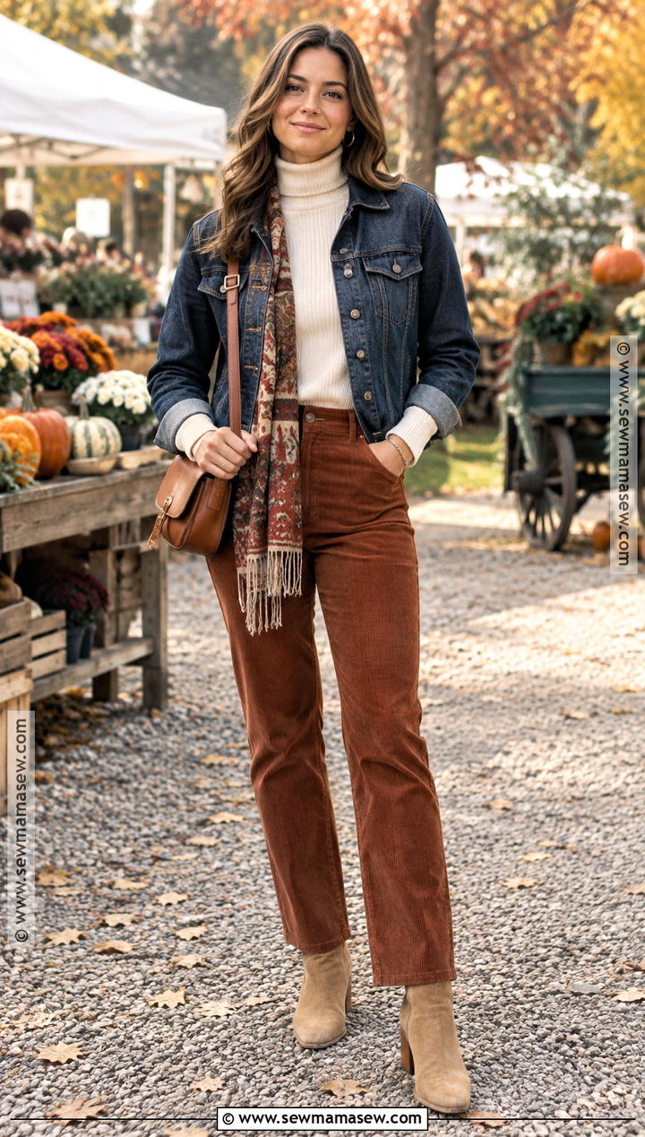 Denim Jacket With Turtleneck And Corduroy Pants - 20 winter and fall outfits