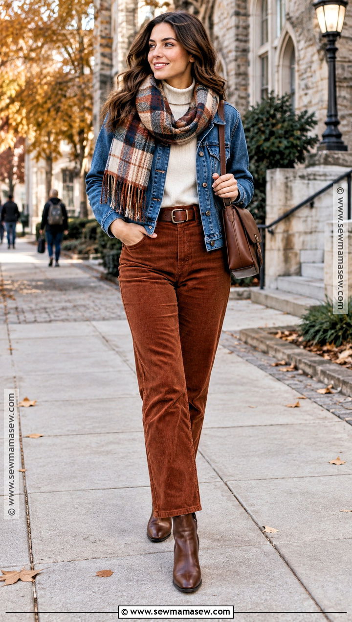 Denim Jacket With Turtleneck And Corduroy Pants Outfit - 20 fall to winter outfits