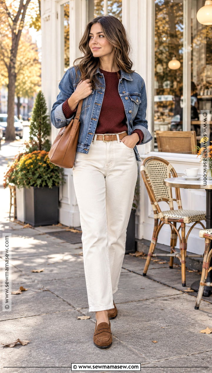Denim Jacket With White Jeans And Burgundy Sweater - 25 denim jacket outfit fall ideas