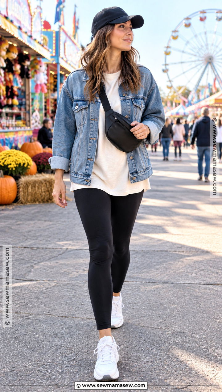 Denim Jacket and Black Leggings Fall Fair Outfit - 25 fall fair outfit ideas