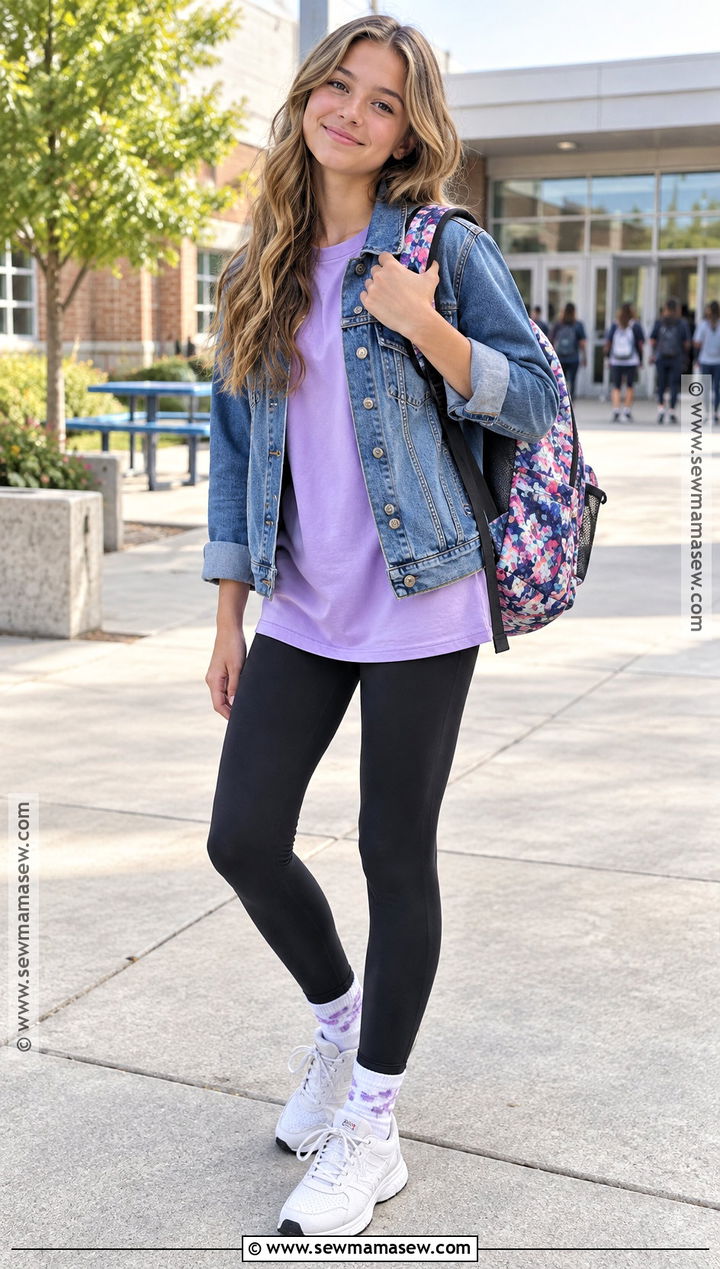 Denim Jacket and Black Leggings Outfit - 15 back to school outfits grade 7