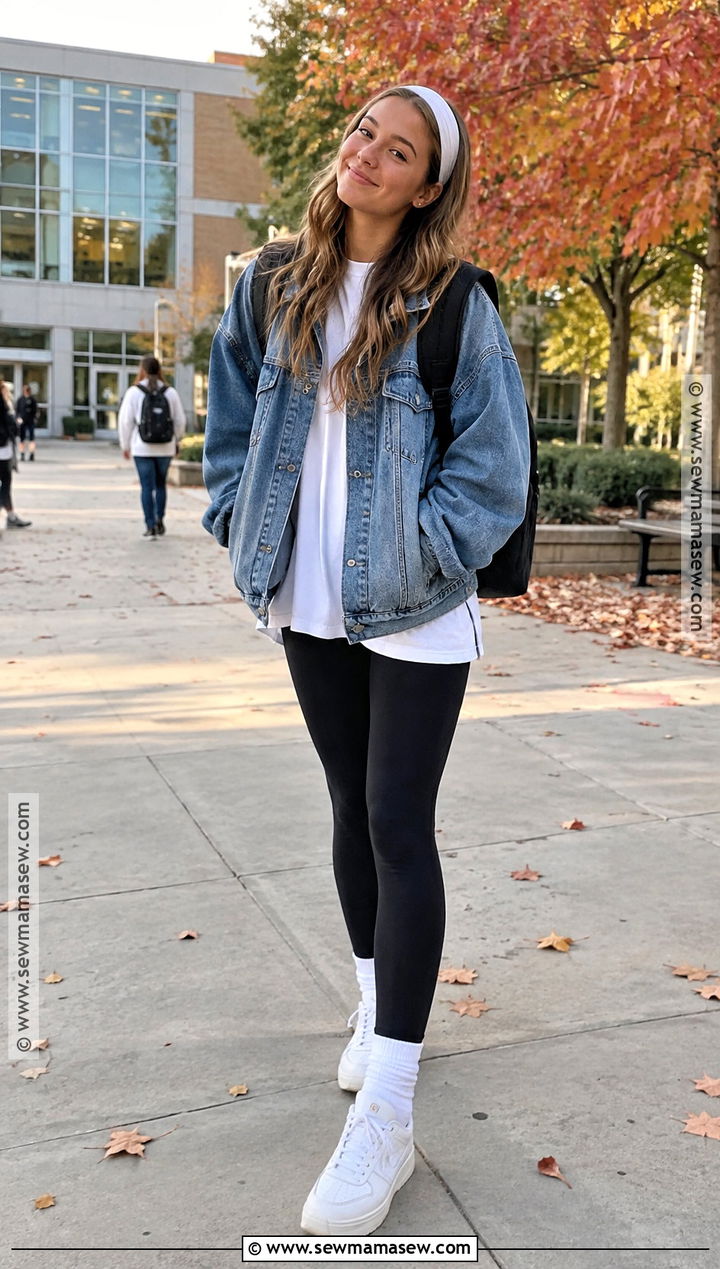 Denim Jacket and Black Leggings School Outfit - 20 Fall Inspo Outfits For School