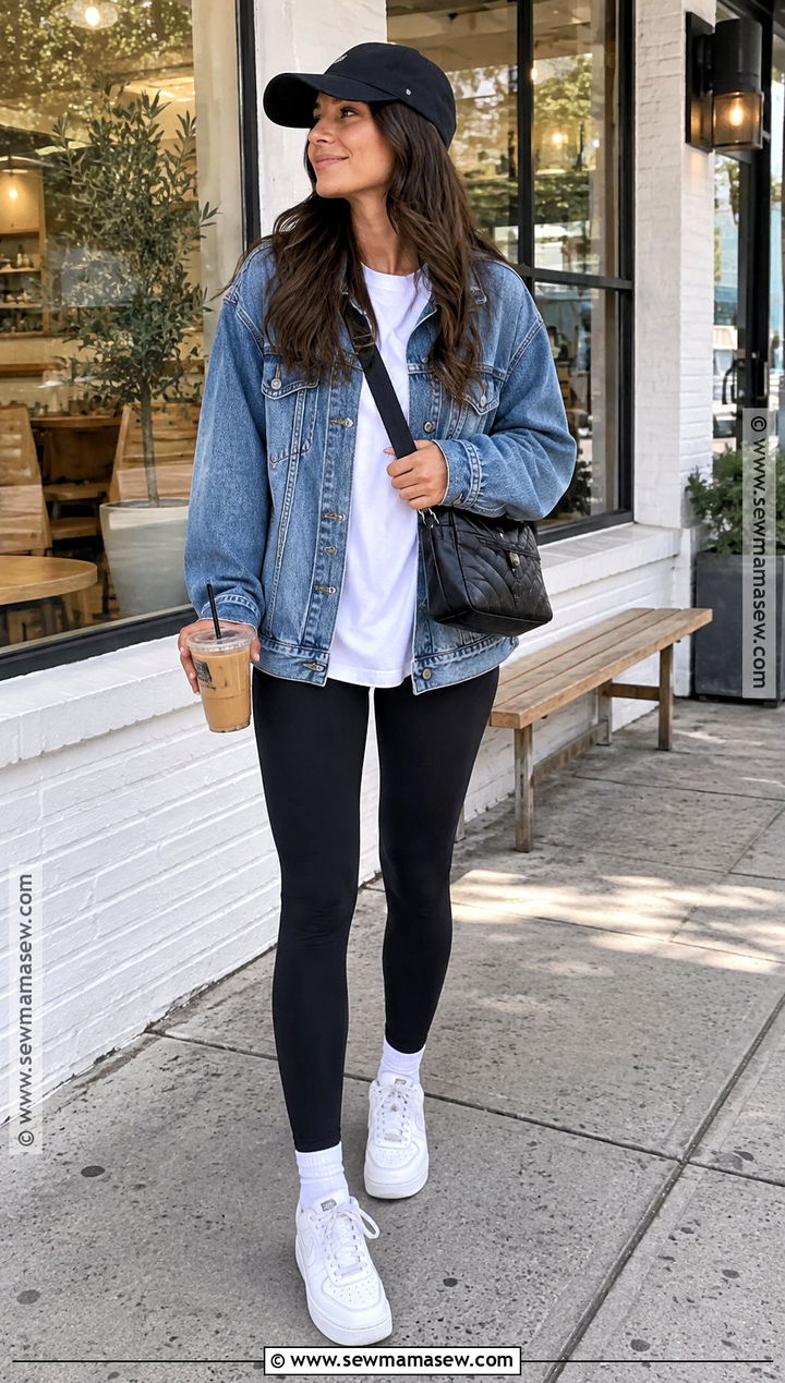 Denim Jacket and Black Leggings With Air Force Ones - 15 Fall Outfit With Air Force Ones Ideas