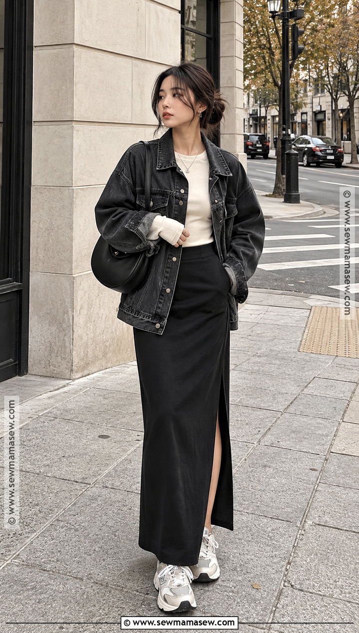 Denim Jacket and Black Maxi Skirt Acubi Autumn Outfit - 20 acubi autumn outfits