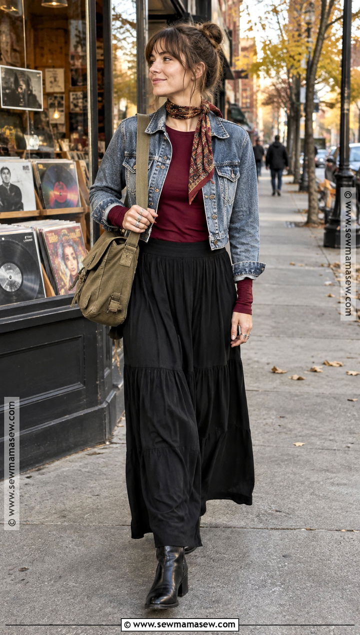 Denim Jacket and Black Maxi Skirt Downtown Autumn Outfit - 20 Downtown Autumn Outfits
