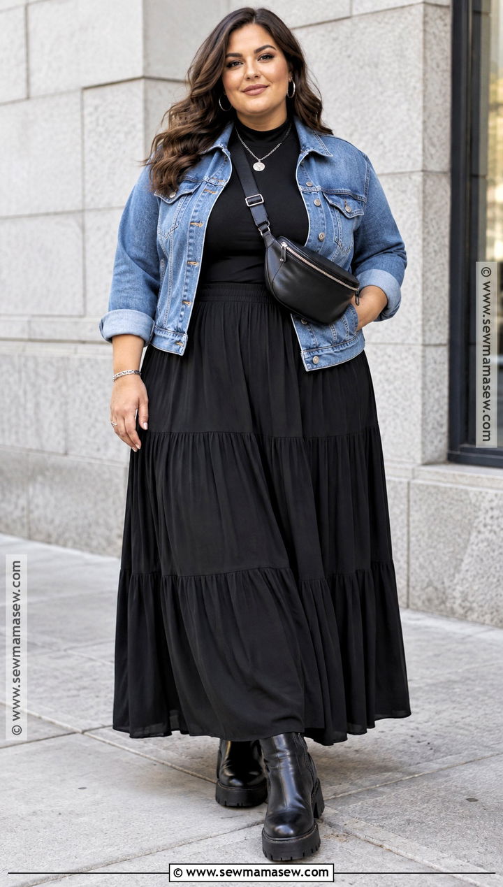 Denim Jacket and Black Maxi Skirt Fall Outfit - 25 ootd fall ideas