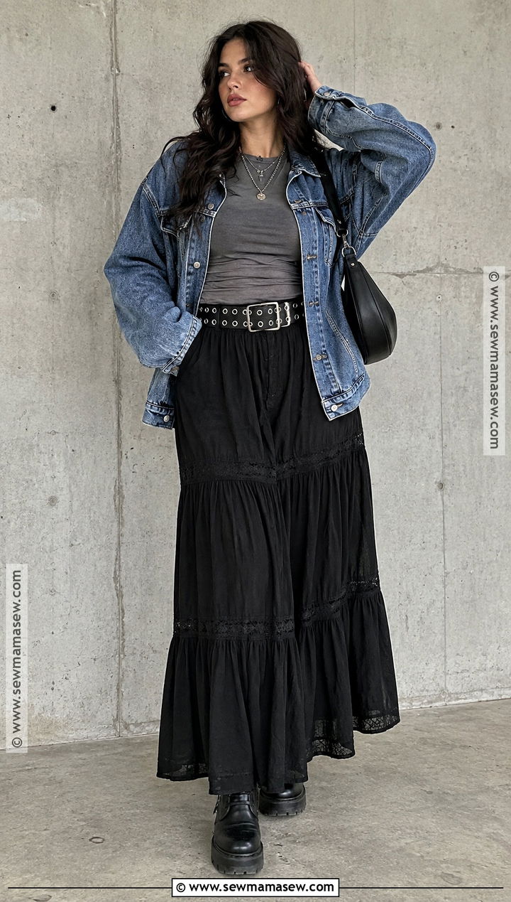 Denim Jacket and Black Maxi Skirt Grunge Outfit - 15 casual grunge outfits fall