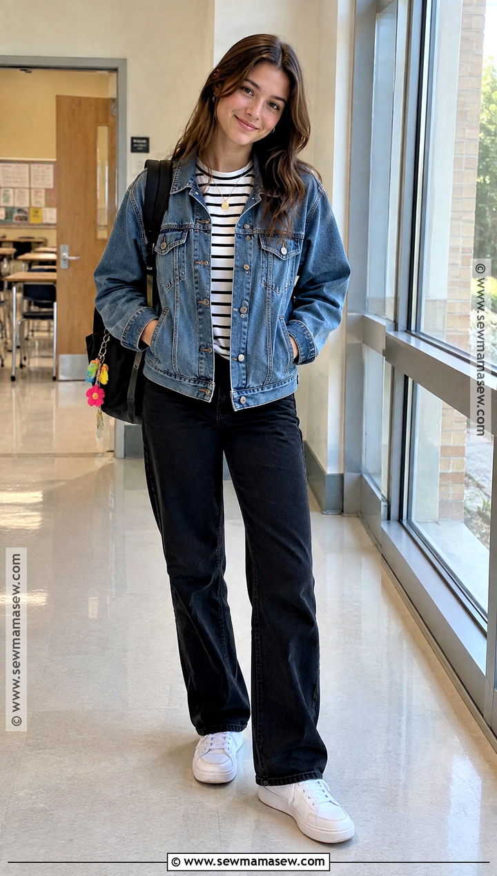 Denim Jacket and Black Pants Back to School Outfit - 25 back to school clothes list