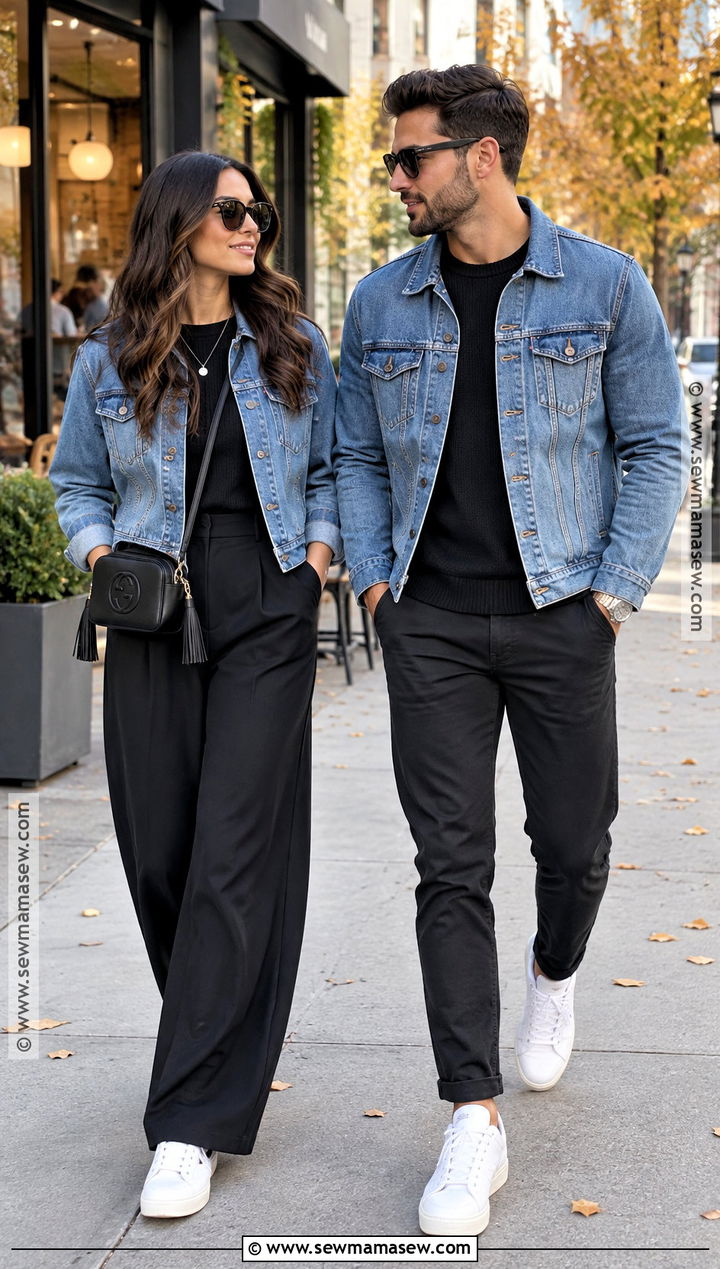 Denim Jacket and Black Pants Couple Outfit - 25 matching fall outfits for couples