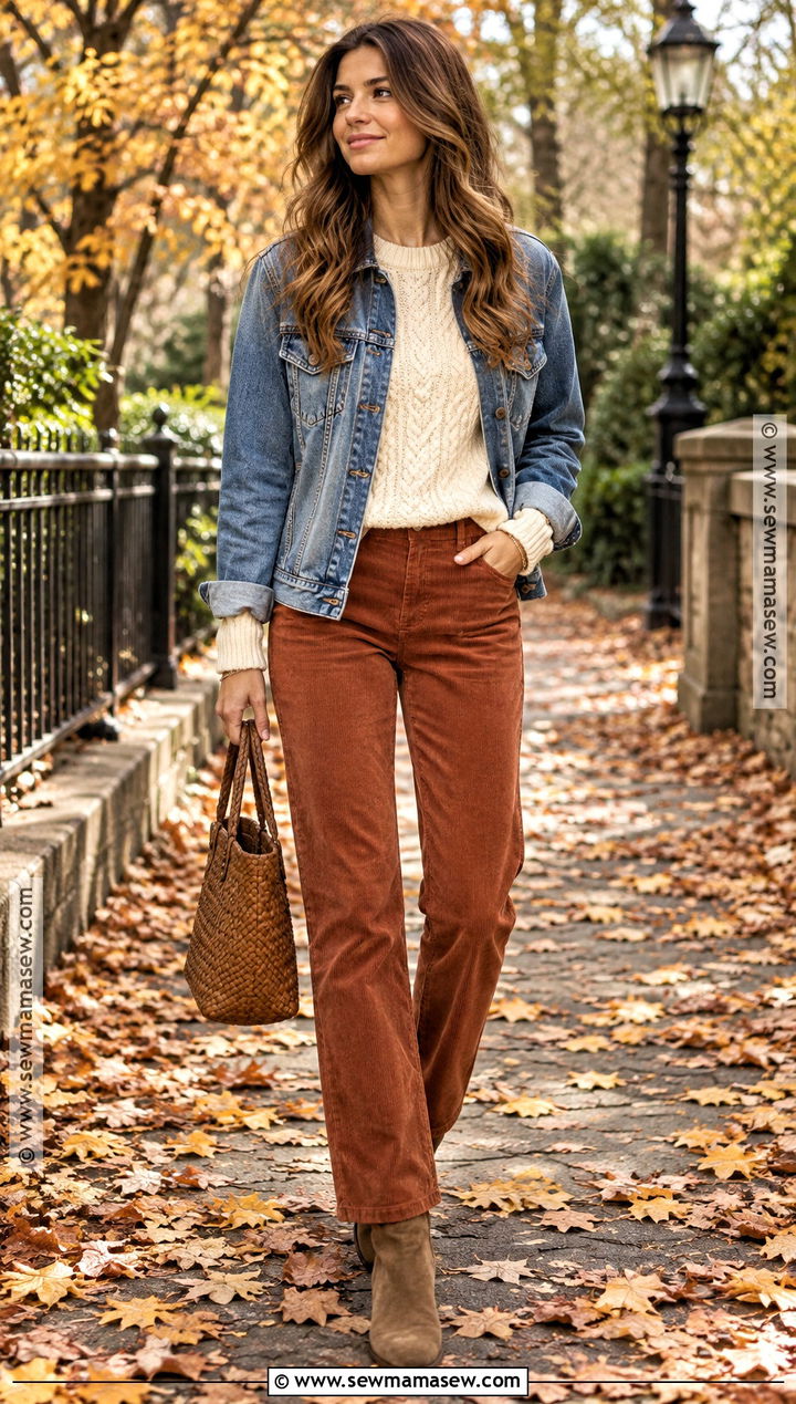 Denim Jacket and Corduroy Pants Autumn Outfit - 25 Autumn Aesthetic Cozy Outfit Ideas