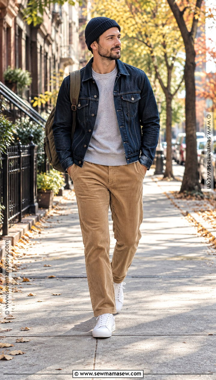 Denim Jacket and Corduroy Pants Fall Outfit - 15 fall outfits for men