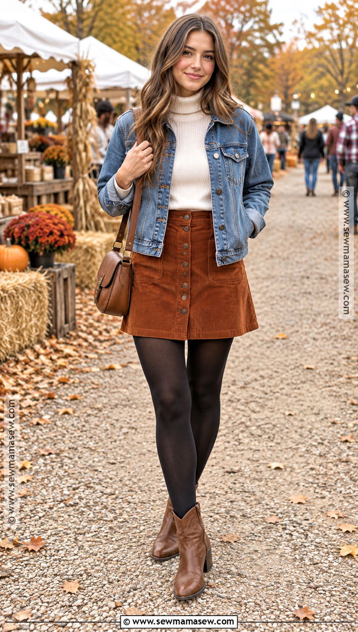Denim Jacket and Corduroy Skirt Country Festival Outfit - 20 country festival outfit fall ideas