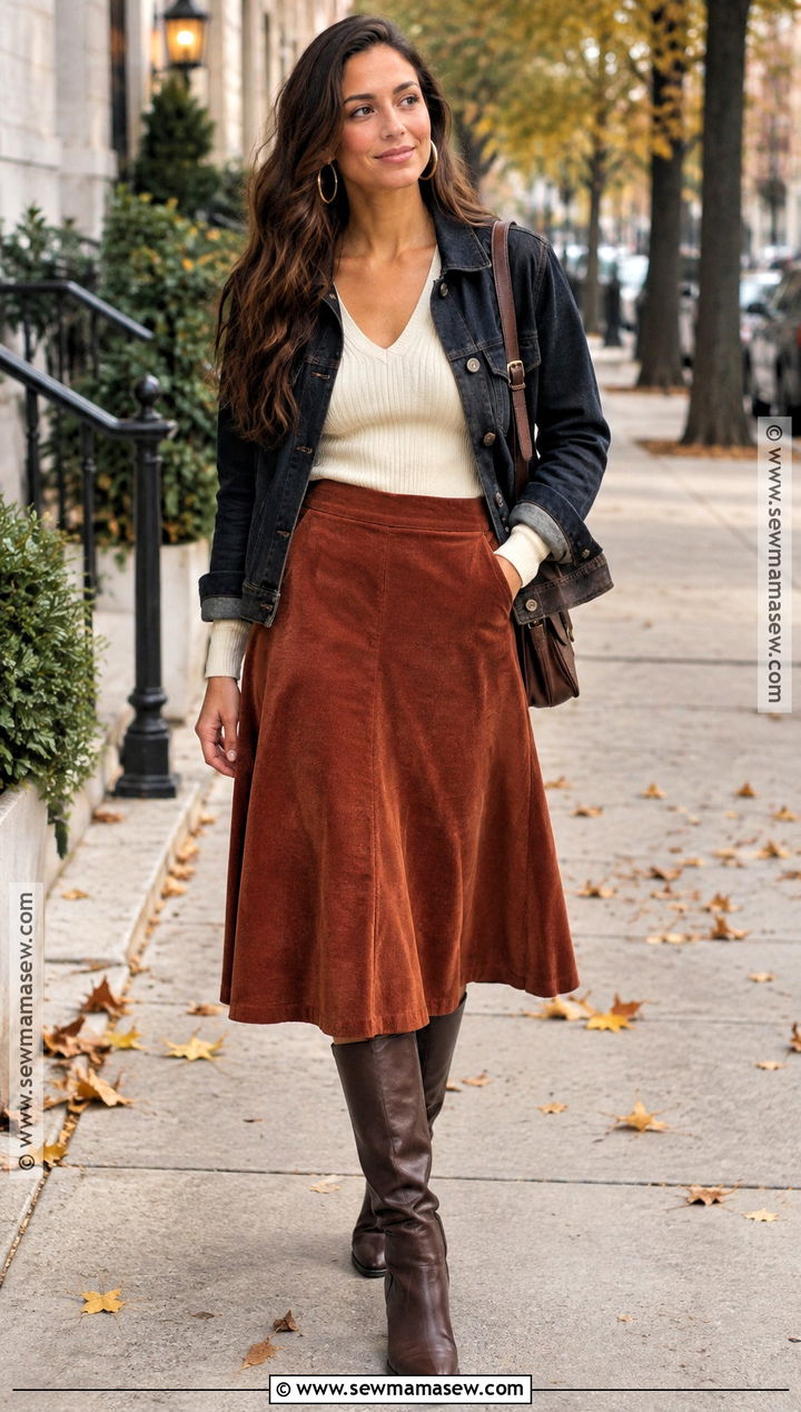 Denim Jacket and Corduroy Skirt Outfit for Athletic Build - 15 fall outfits athletic build