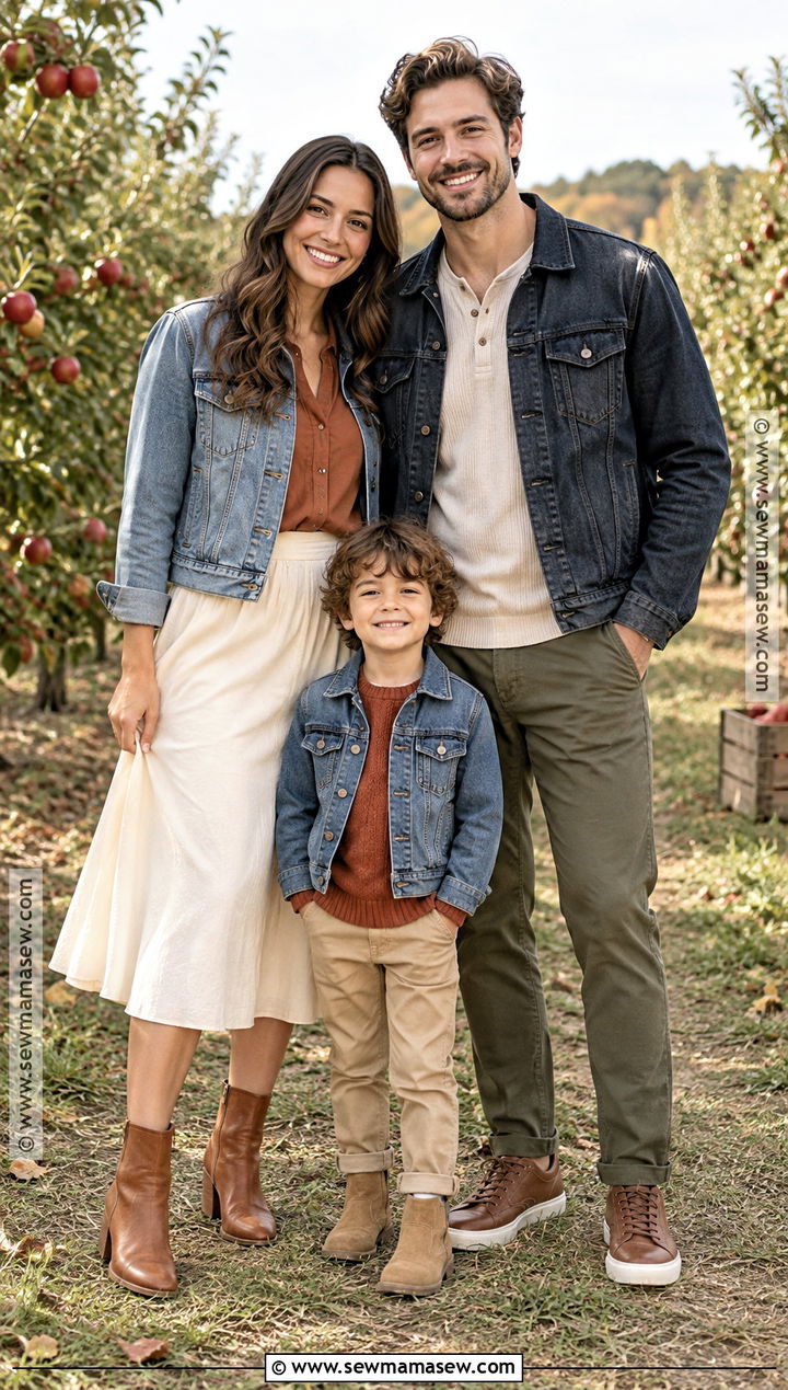 Denim Jacket and Earth Tone Layers Fall Family Photoshoot Outfit - 15 fall photoshoot outfits family of 3