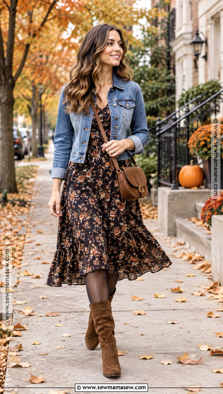 Denim Jacket and Floral Dress October Outfit - 15 outfit inspo october ideas