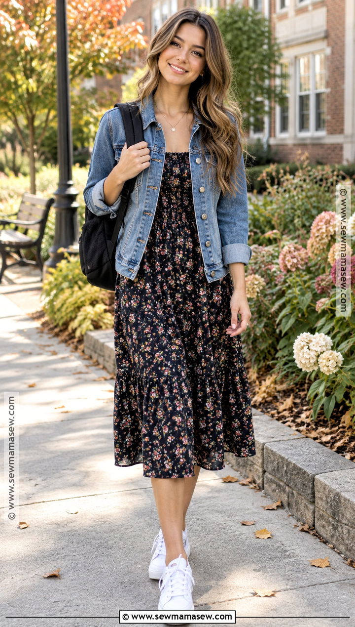 Denim Jacket and Floral Dress School Outfit - 15 fall outfit inspo school ideas