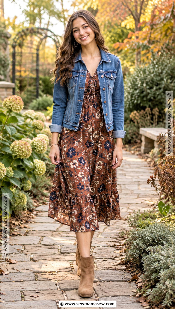 Denim Jacket and Floral Dress Senior Picture Outfit - 20 Fall Senior Picture Outfits