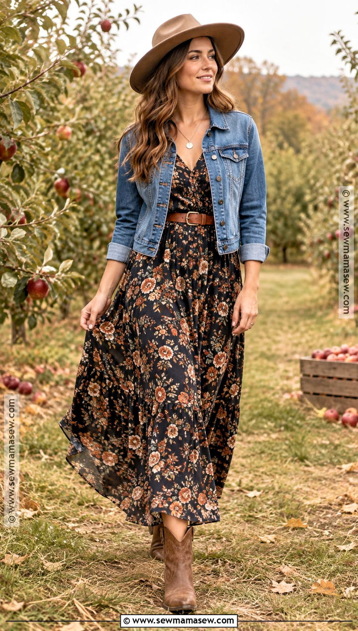 Denim Jacket and Floral Maxi Dress Fall Photoshoot - 15 Cute Fall Outfits Photoshoot