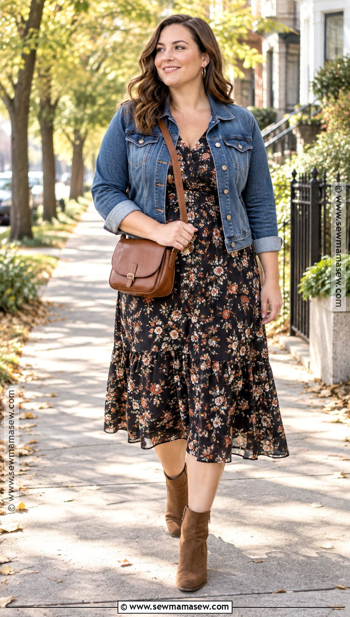 Denim Jacket and Floral Midi Dress Autumn Outfit - 20 autumn transition outfits