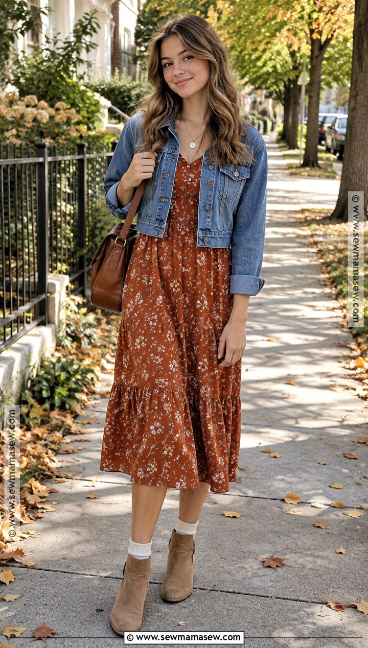 Denim Jacket and Floral Midi Dress Fall Outfit - 15 Fall Outfit Inspiration Ideas for Teens