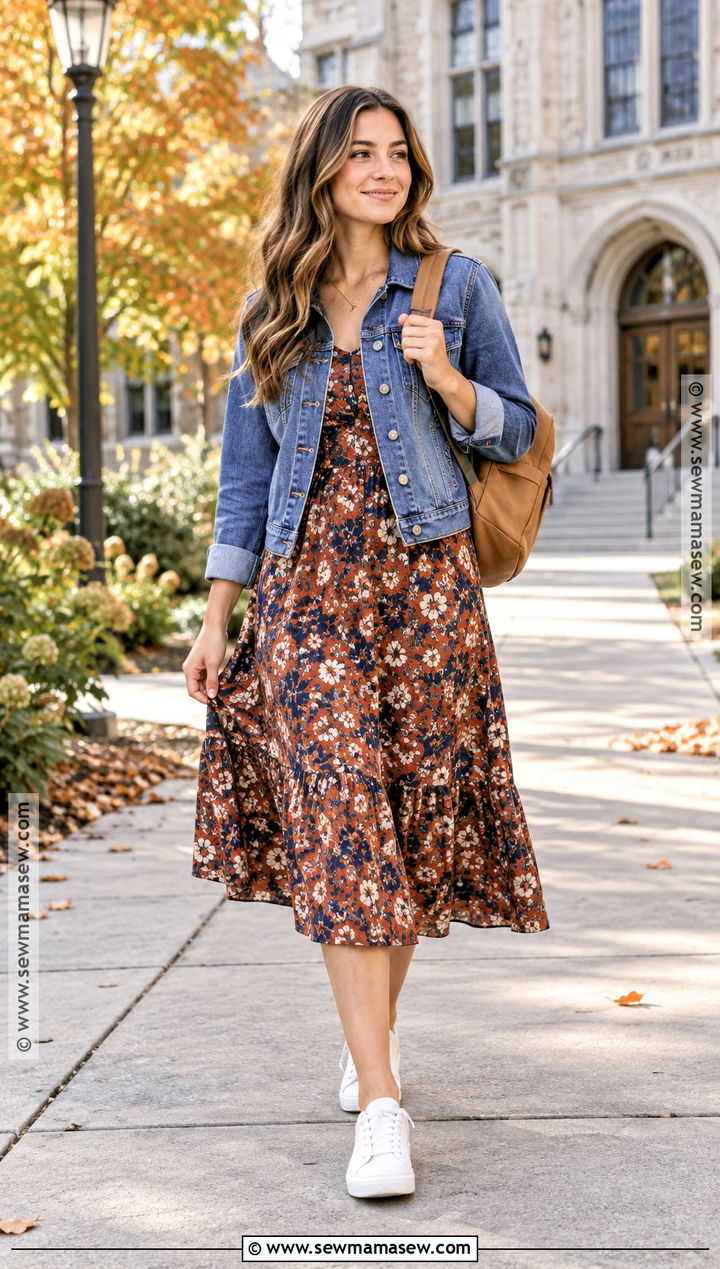 Denim Jacket and Floral Midi Dress Fall School Outfit - 25 outfit ideas autumn school