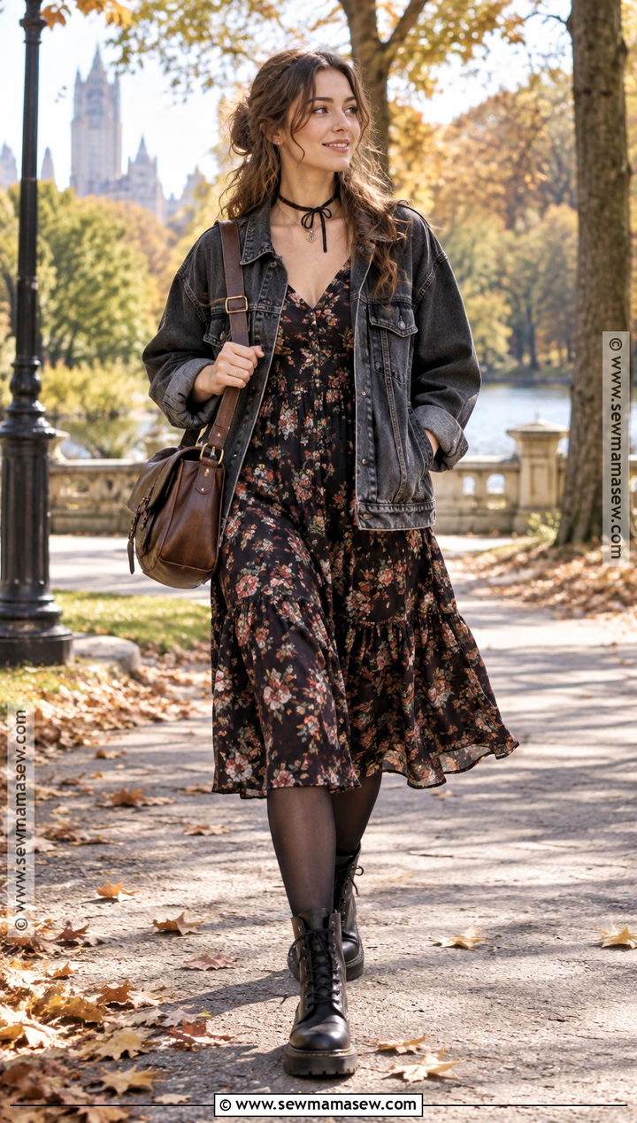 Denim Jacket and Floral Midi Dress Grungy Fall Outfit - 25 grungy fall outfits