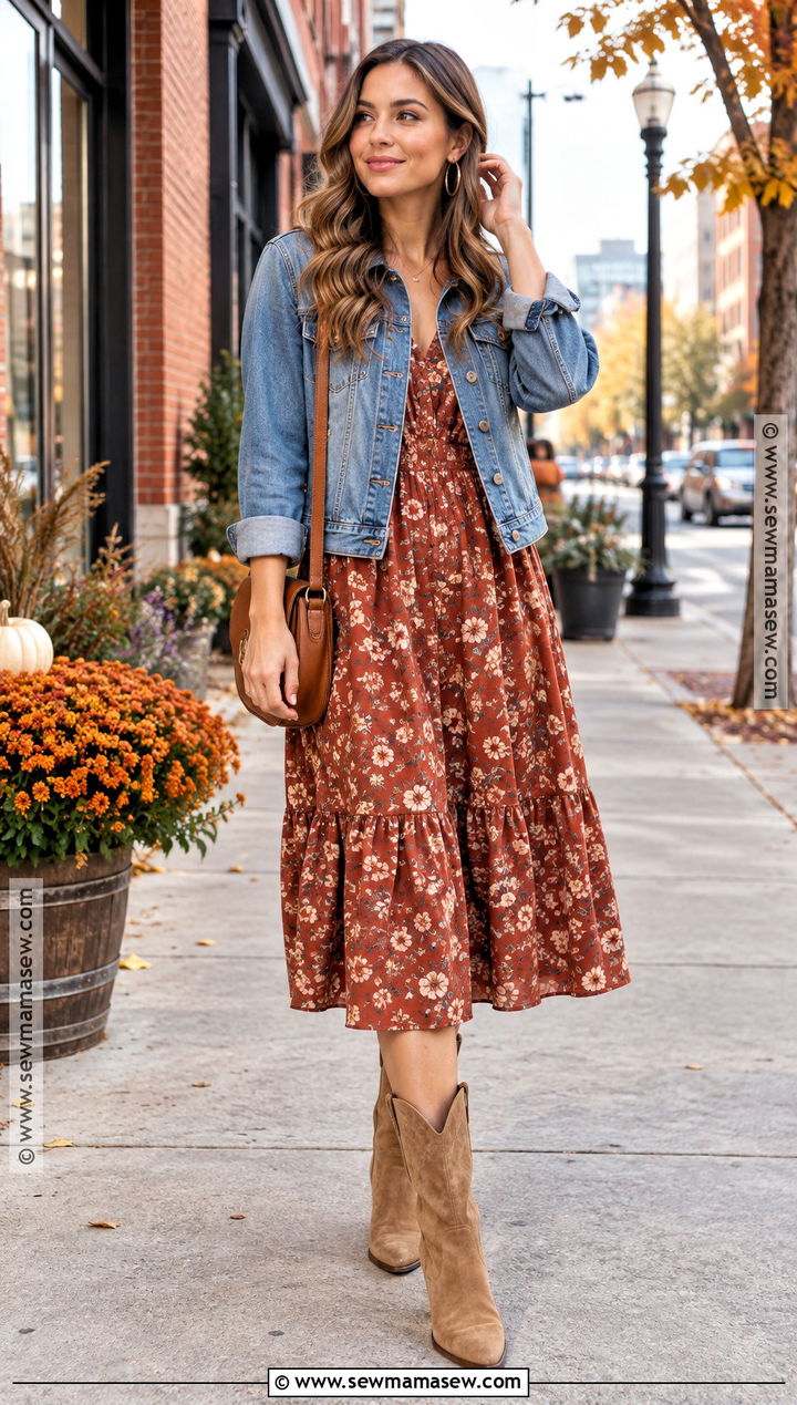 Denim Jacket and Floral Midi Dress Nashville October Outfit - 20 nashville in october outfits
