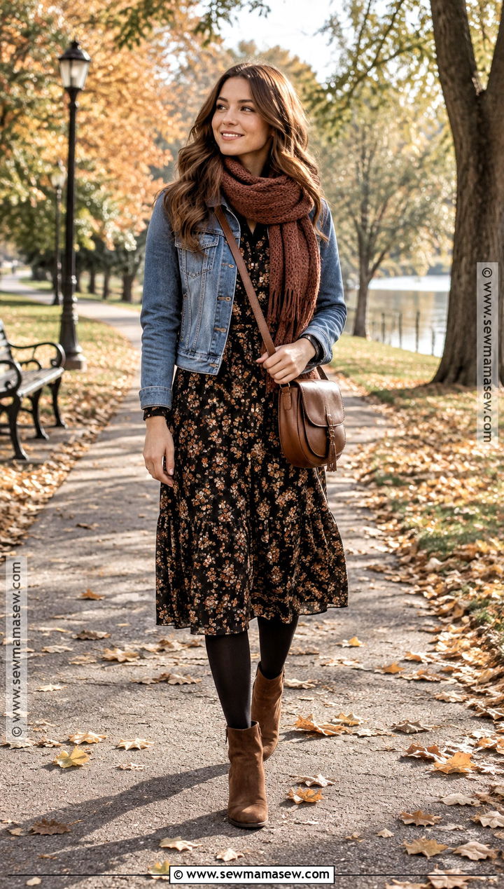 Denim Jacket and Floral Midi Dress Outfit - 20 cute fallwinter outfits