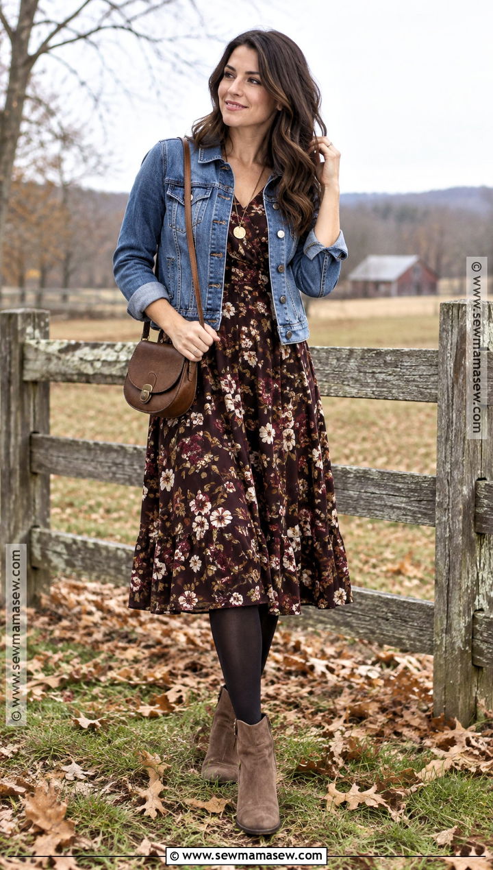 Denim Jacket and Floral Midi Dress Photo Shoot Outfit - 15 November Photo Shoot Outfits