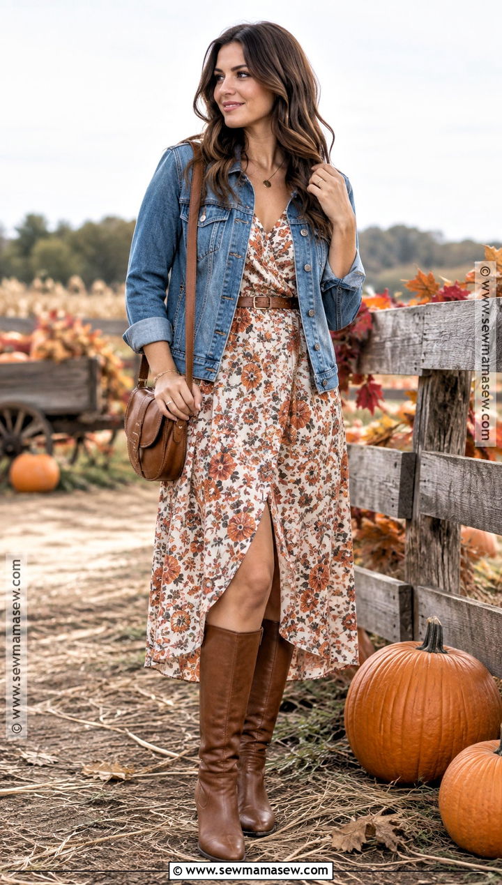Denim Jacket and Floral Midi Dress Pumpkin Patch Outfit - 20 pumpkin patch date outfit ideas