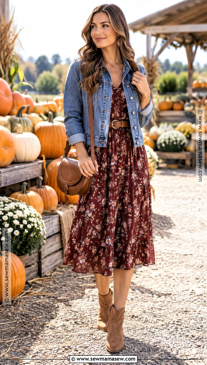 Denim Jacket and Floral Midi Dress Pumpkin Patch Outfit - 15 pumpkin patch style ideas