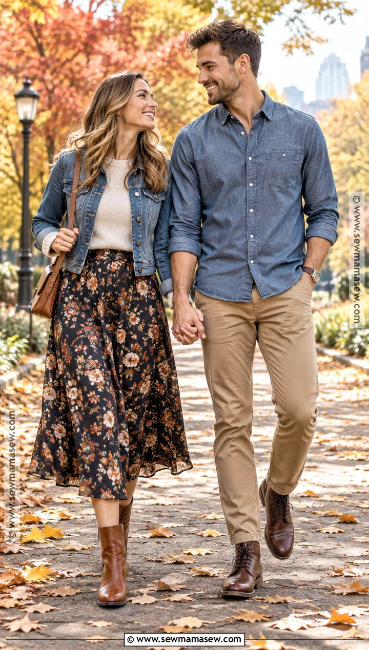 Denim Jacket and Floral Midi Skirt Fall Couple Outfit - 15 fall couple pics outfits