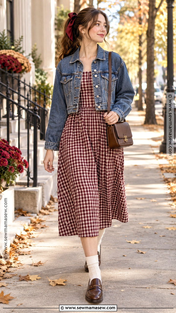 Denim Jacket and Gingham Dress Shoujo Outfit - 20 Fall Shoujo Outfits