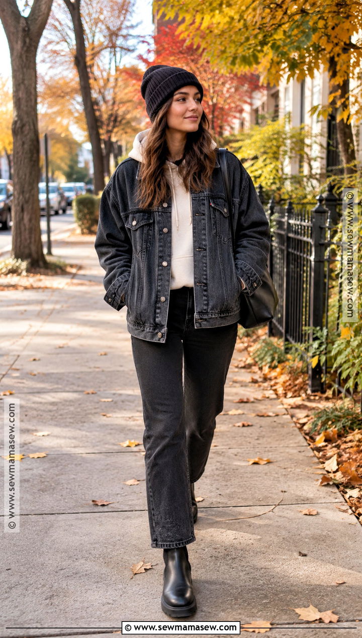 Denim Jacket and Hoodie Black Jeans Fall Outfit - 20 fall warm outfits