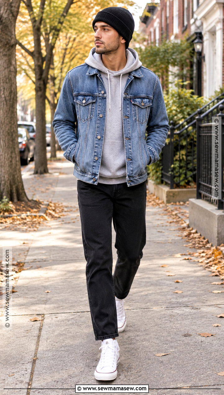 Denim Jacket and Hoodie Fall Outfit - 15 cute fall outfits for men