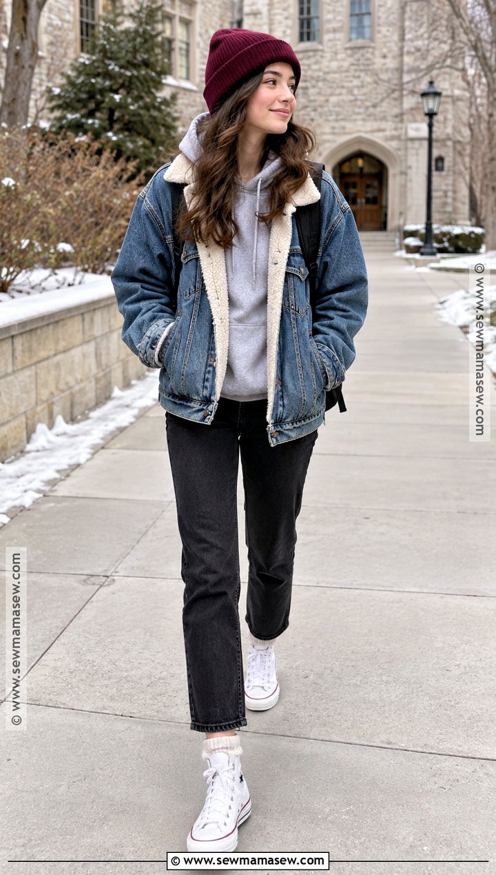 Denim Jacket and Hoodie Layered Winter School Outfit - 20 winter back to school outfits