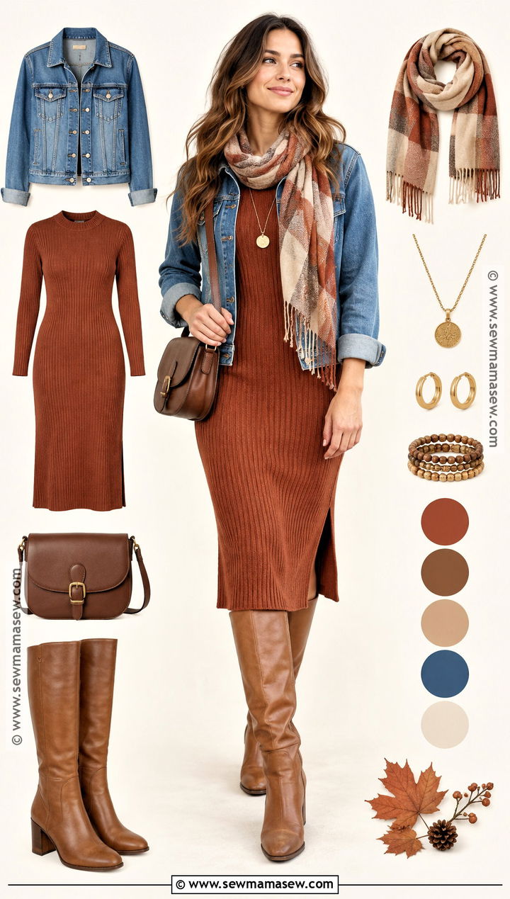 Denim Jacket and Knit Dress Autumn Outfit - 15 cozy autumn outfit collage ideas