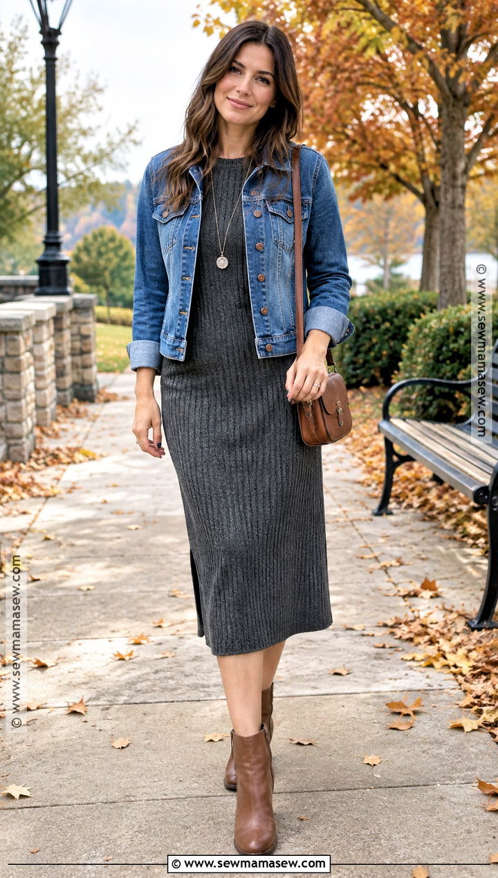 Denim Jacket and Knit Dress Autumn Outfit - 25 cute autumn outfits aesthetic