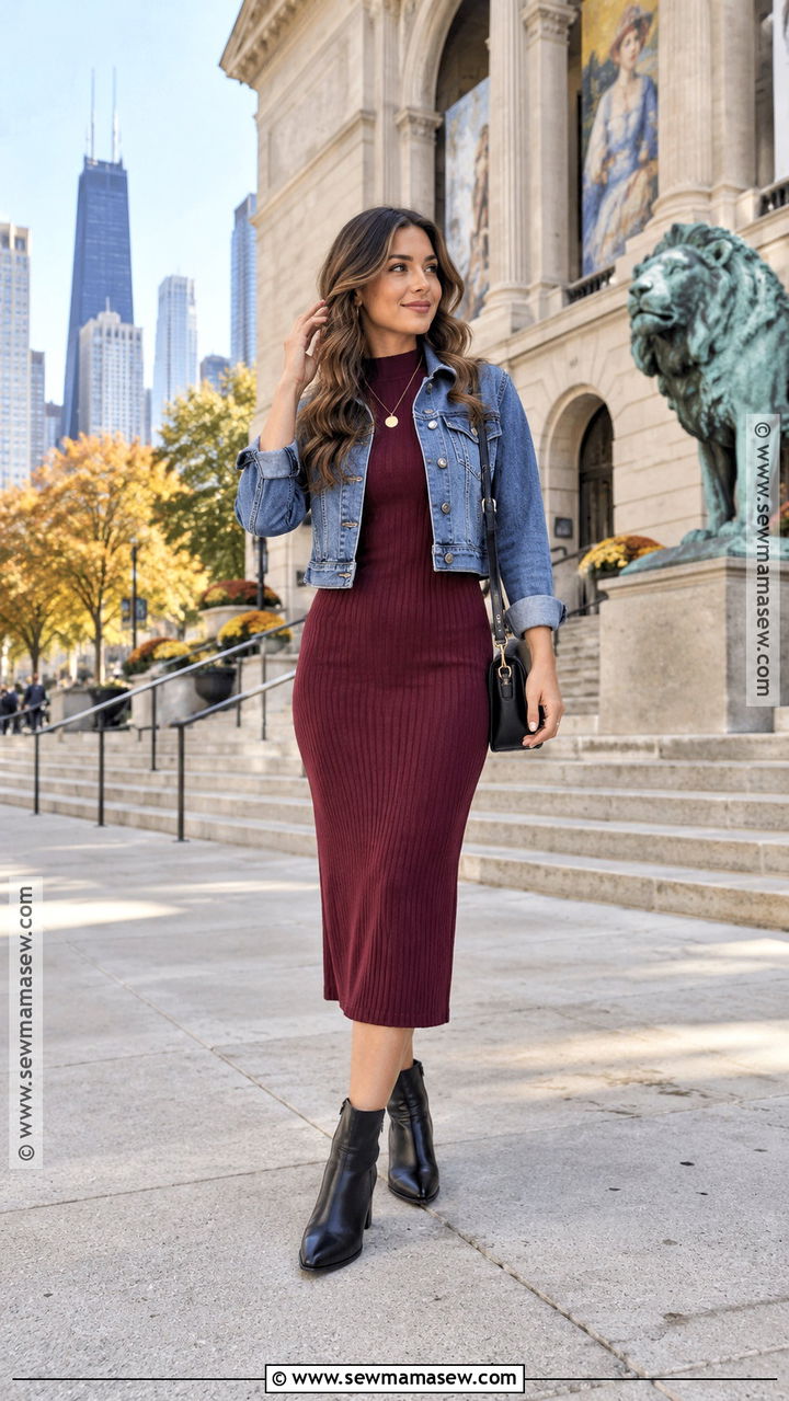 Denim Jacket and Knit Midi Dress Chicago Fall Outfit - 20 fall chicago outfits