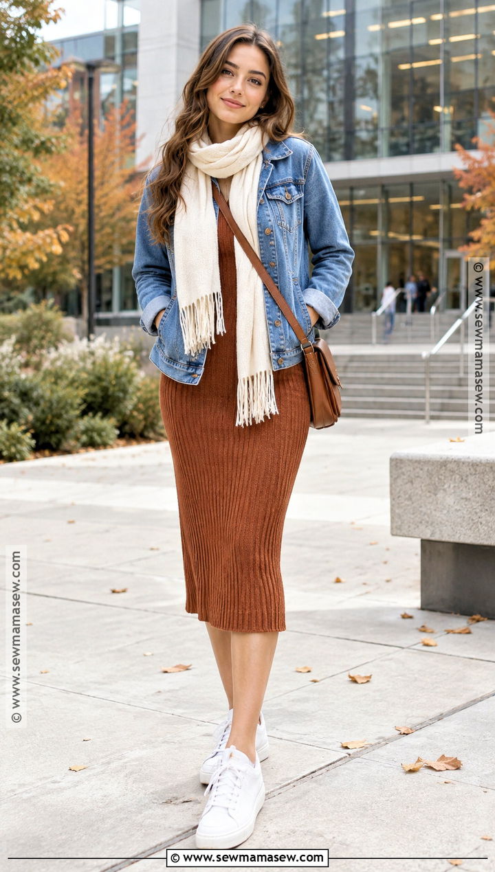 Denim Jacket and Knit Midi Dress University Outfit - 20 university outfit autumn ideas