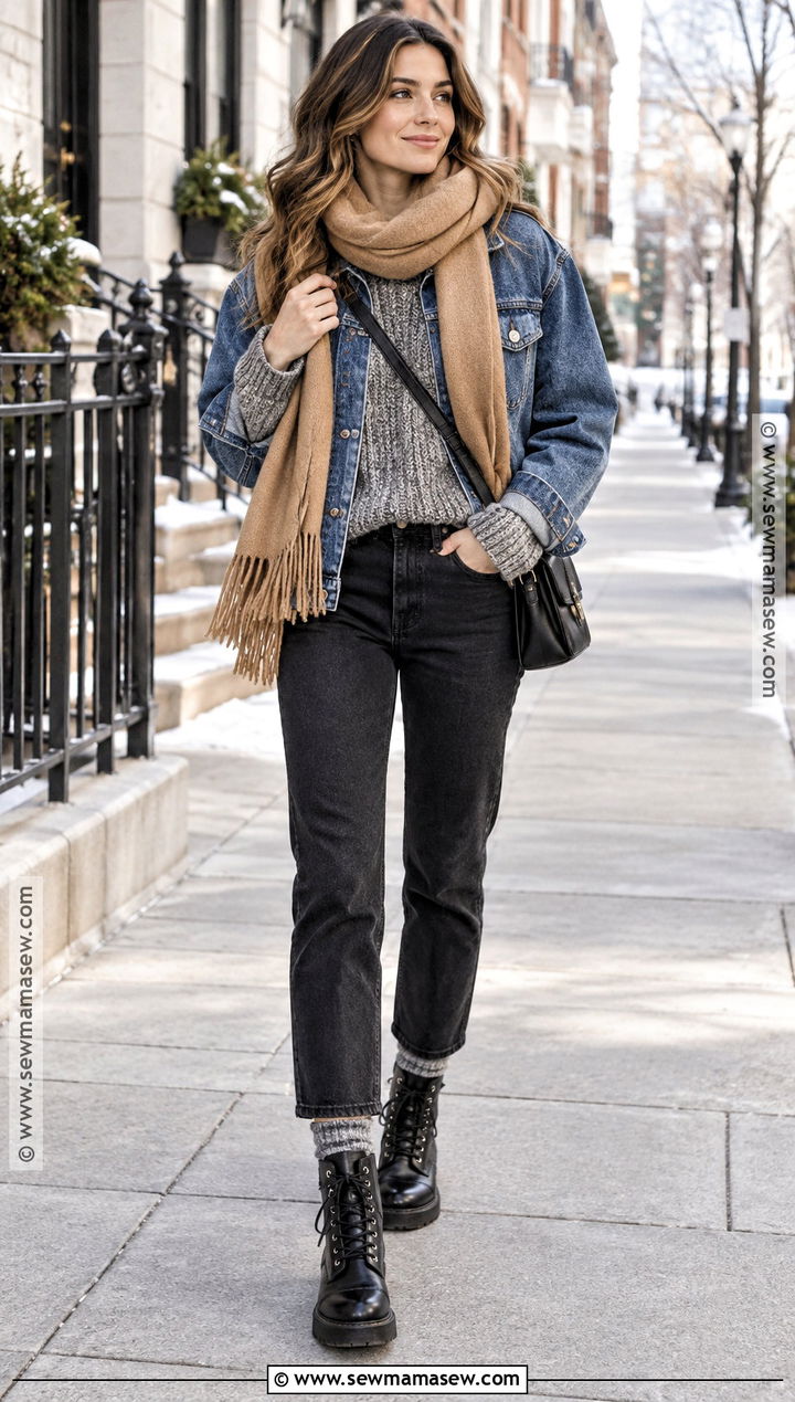 Denim Jacket and Layered Knit Outfit - 20 winter inspo outfits fall street styles