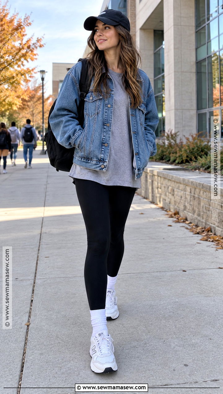 Denim Jacket and Leggings Fall School Outfit - 15 easy fall school outfits