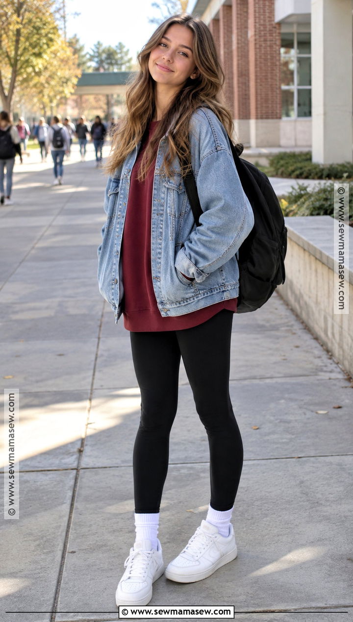 Denim Jacket and Leggings Fall School Outfit - 25 fall outfits for school for teens