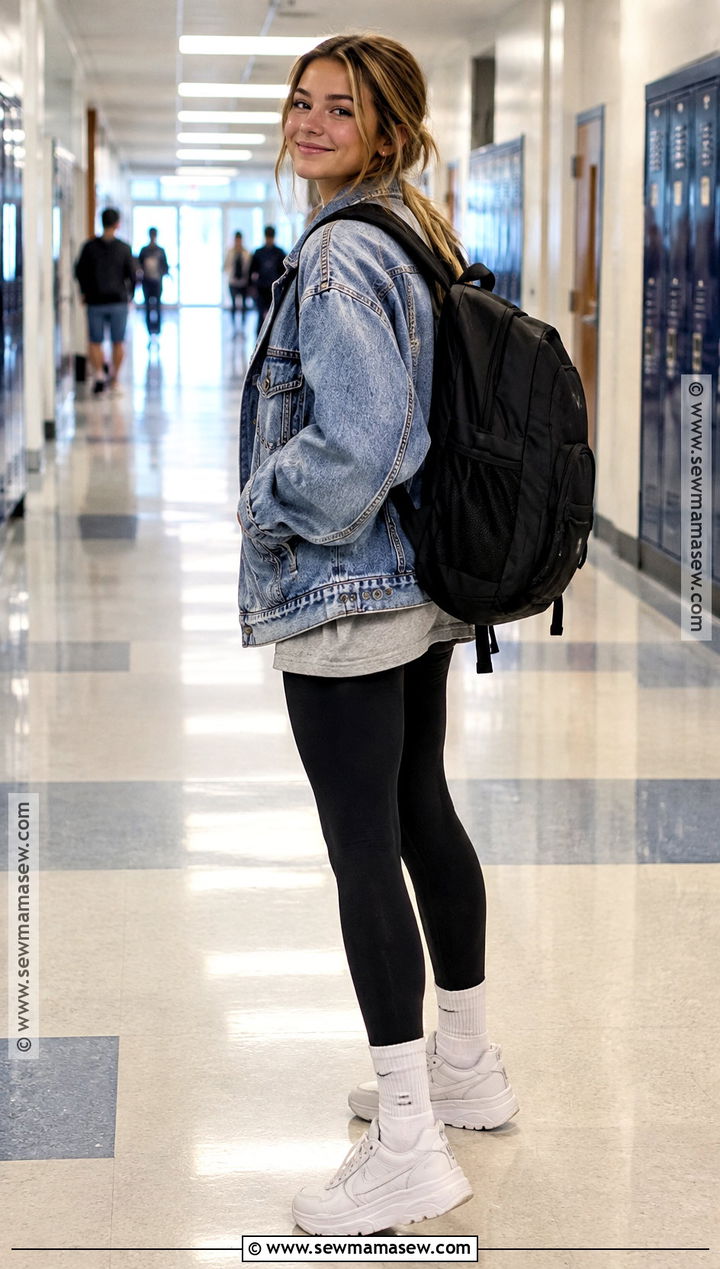 Denim Jacket and Leggings Fall School Outfit - 15 cute outfits for fall school