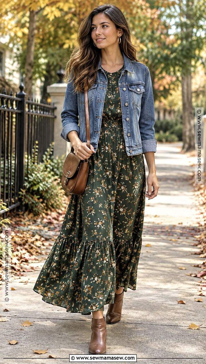 Denim Jacket and Long Sleeve Maxi Dress Fall Outfit - 15 Fall Conservative Outfits