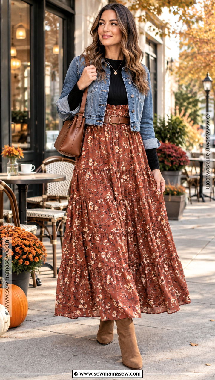 Denim Jacket and Maxi Dress Fall Outfit - 15 fall layering outfits 2026