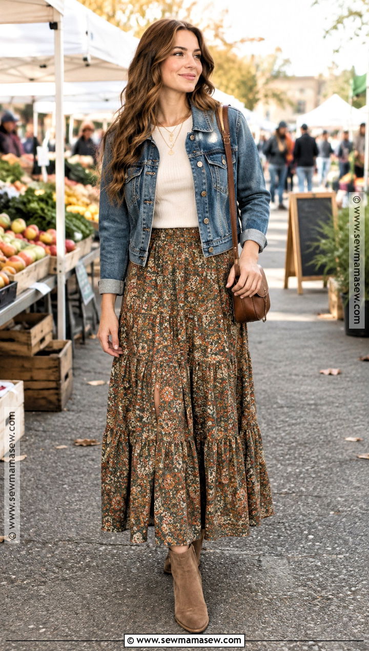 Denim Jacket and Maxi Skirt Fall Outfit - 30 fall inspo outfits