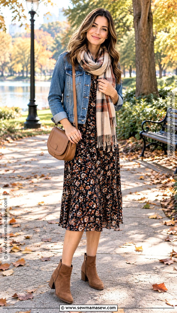 Denim Jacket and Midi Dress Fall Outfit - 15 budget-friendly fall clothing ideas