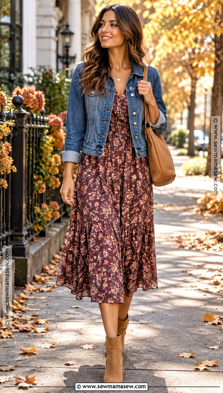 Denim Jacket and Midi Dress Fall Outfit - 20 Cute Easy Fall Outfits