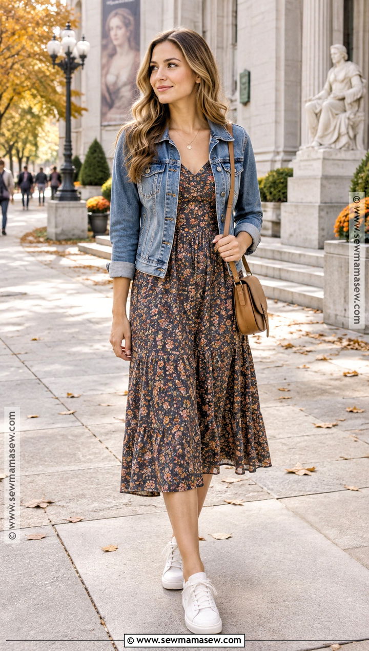 Denim Jacket and Midi Dress Fall Travel Outfit - 15 fall travel outfits for women 2026